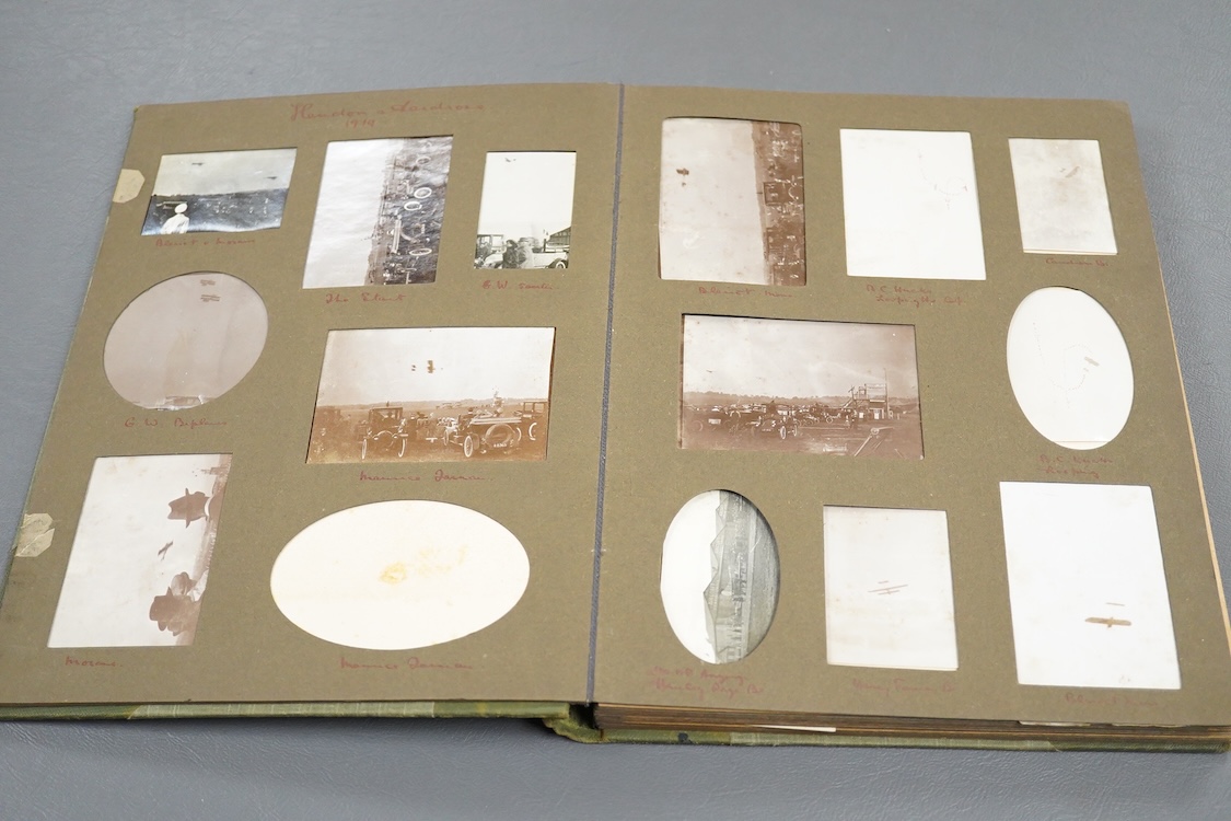 Aviation interest; an early 20th century photograph album containing a number of views of early aircraft and cars, including; the aviator Reginald Marix flying a Sopwith Camel to Radley College in 1914, early cars at Hen